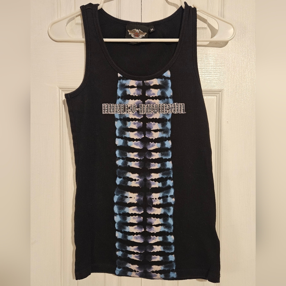 Harley-Davidson Black Tank with Blue and White Tie-Dye Stripe